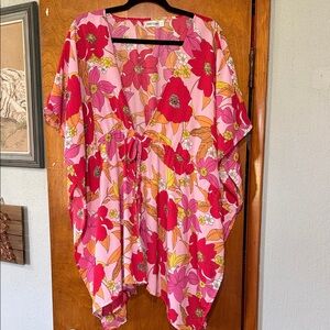 LoveShackFancy Pink Floral Tie-Front Tunic with Red & Orange Blooms
